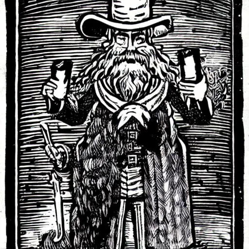 Prompt: wizard with beard, holding a bomb, dnd, high detail, fantasy, in the style of vintage antique illustration and line drawing or engraving, woodcut,