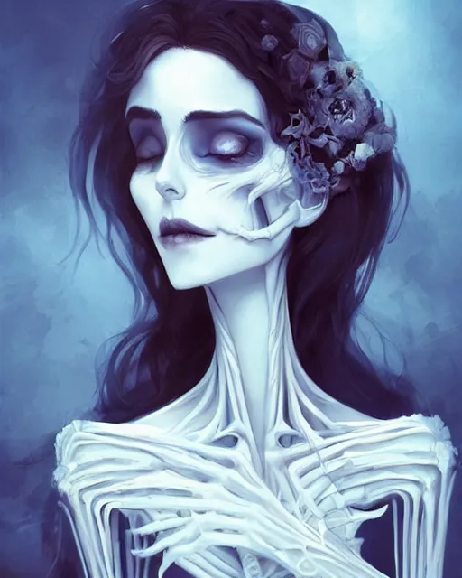 Image similar to elegant mysterious gracious undead victoria everglot from the corpse bride, portrait, illustration, the land of the death, skeletal hand, rim light, top light, summer clear blue sky, perfectly shaded, soft painting, art by krenz cushart and wenjun lin