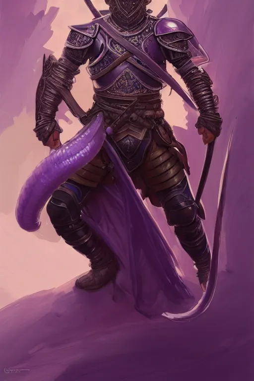 Prompt: male fighter wearing a full plate armor fighting a giant purple worm, fantasy, amber eyes, face, long hair, intricate, elegant, highly detailed, digital painting, artstation, concept art, smooth, sharp focus, illustration, art by artgerm and greg rutkowski and alphonse mucha