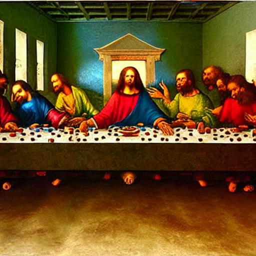 Image similar to a spray-paint graffiti art of The Last Supper by Da Vinci