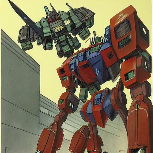 Prompt: a beautiful painting of a large battle mech crashing through a building in tokyo while engaging a gundam by moebius