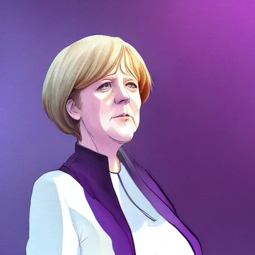 Image similar to beautiful portrait commission of a cool Angela Merkel casual clothes in a cute purple dress. background is the red carpet. 3 point lighting. character design by charlie bowater, ross tran, artgerm, and makoto shinkai, detailed, inked, western comic book art