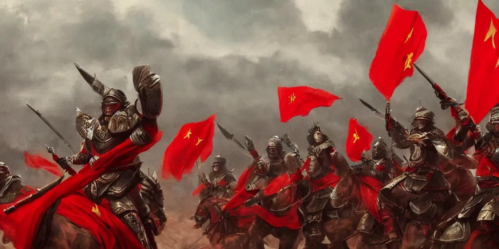 Image similar to mid shot cinematic artwork of an ancient Chinese army wearing red armor and holding red flags on the battlefield by greg rutowski, masterpiece, 4k