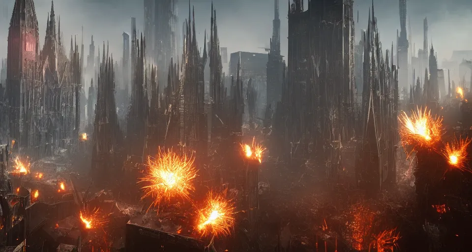 Prompt: giant thick angular Spikes explode out of the ground in a gothic medieval cyberpunk city, debris flying around, the feeling of grimdark terror and pain, high quality, detailed, 8k, unreal engine, octane render, trending on artstation