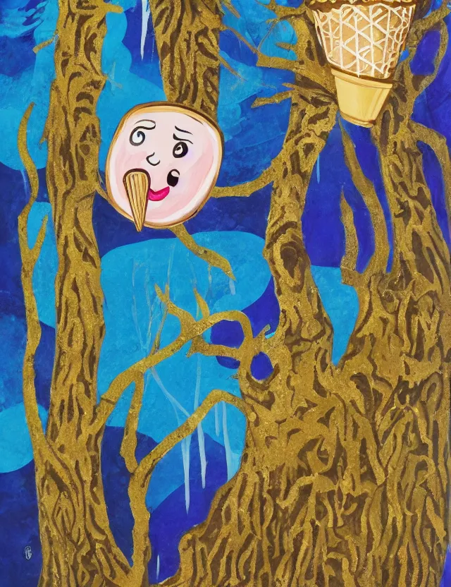 Prompt: ice cream spirit lost in a forest. this art noveau gouache and gold leaf painting has a beautiful composition.