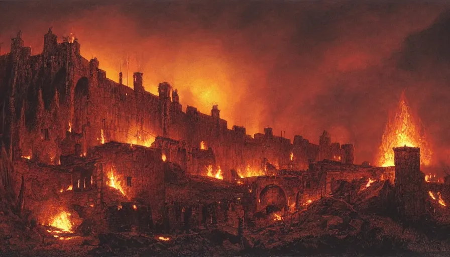 Image similar to a medieval fantasy white fortress burning on a hill by night, ted nasmith, great composition, lighting, chiaroscuro