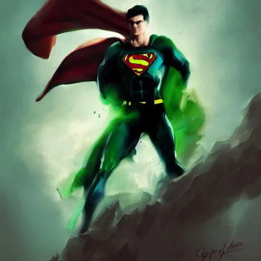 Image similar to superman smoke kryptonite dust cocaine, green kryptonite, art by greg rutkowski