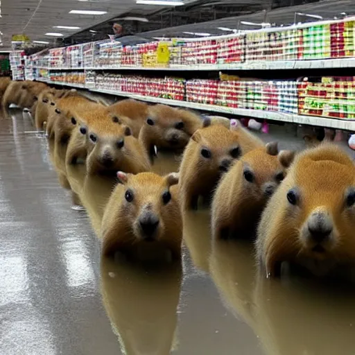 Prompt: a capybara flood, huge amount of capybara! running down a target aisle