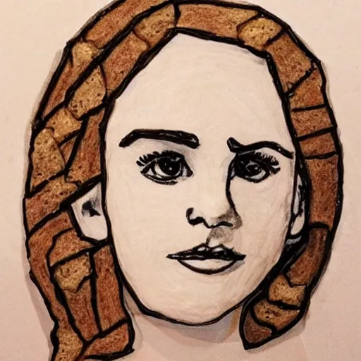 Prompt: a sculpture of emma watson made out of bread as a kids drawing