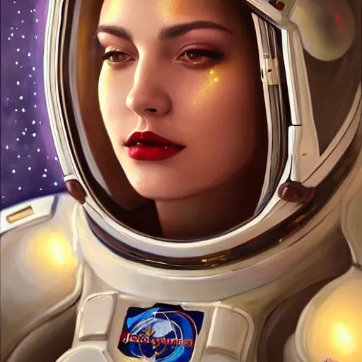 Image similar to a portrait of a very beautiful woman in a spacesuit with a dueling scar, brown eyes, shoulder-length brown hair, deep red lips, glitter, bored, illustration, soft lighting, soft details, painting oil on canvas by mark arian by artgerm, trending on artstation, 4k, 8k, HD