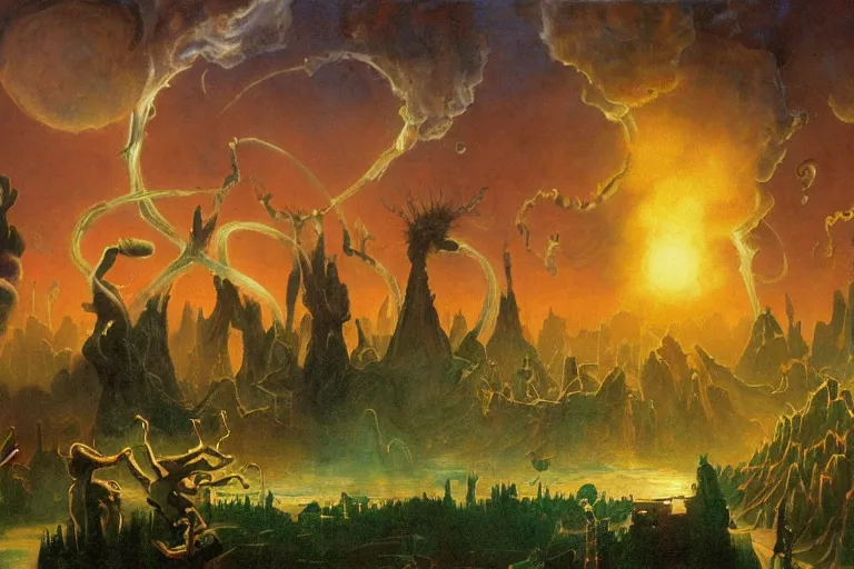 Prompt: miskatonic university big bang inscape in the style of dr. seuss,'run the jewels ', painting by albert bierstadt
