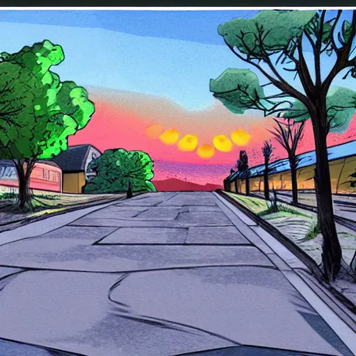 Prompt: a neighborhood, semi - realistic cartoon art style, sunset
