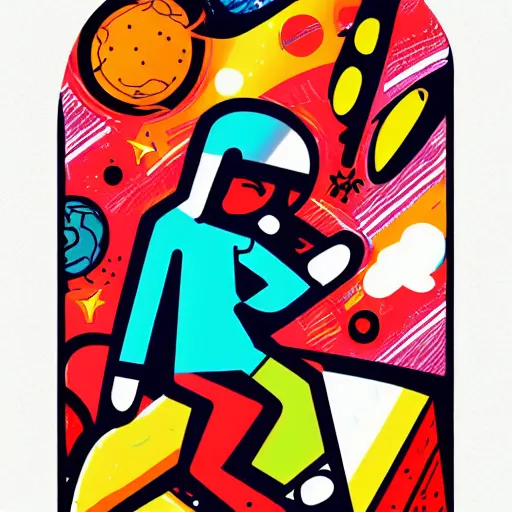 Prompt: illustration of a skater boy, cosmic art, design graphics, memphis, old school, colors and shapes, vintage, vibrant, vivid