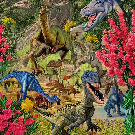 Prompt: dinosaurs in an explosion of flowers by James r. Knight, high detail, floral, ultra realistic