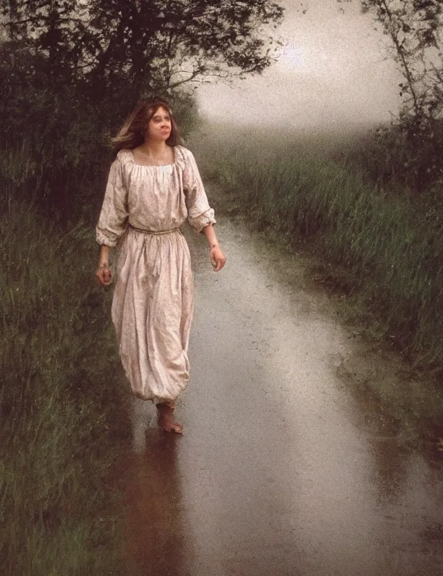 Image similar to peasant girl with long windy hair running under the rain, cottage core, cinematic focus, polaroid photo bleached vintage pastel colors high - key lighting, soft lights, foggy, by steve hanks, by lisa yuskavage, by serov valentin, by tarkovsky, 8 k render, detailed, oil on canvas