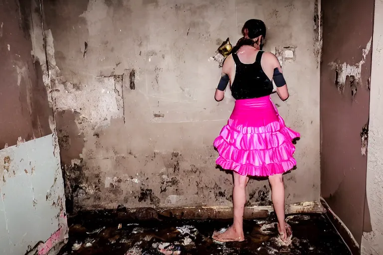 Prompt: batman wearing pink frilly apron offering free beer in dirty disgusting brown bathroom with cracked tiles and mold, atmospheric eerie lighting, dim lighting, bodycam footage, motion blur, blurry photography