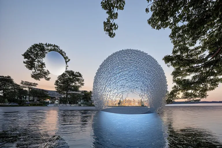 Image similar to a building formed by the spatial arrangement and combination of many multi white spherical soap bubbles, on the calm lake surface, people's perspective modern curved architecture, future, award winning, highly detailed 4 k art, dusk, by kazuyo sejima