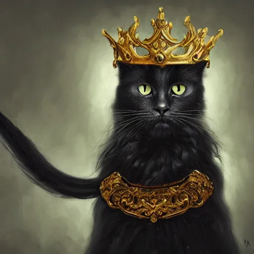 Image similar to an oil painting portrait of a long haired fluffy black Cat wearing medieval royal robe and an ornate crown on a dark space background digital Art, concept Art, highly detailed, 3-D 4K, trending on art station, Mark Brooks,