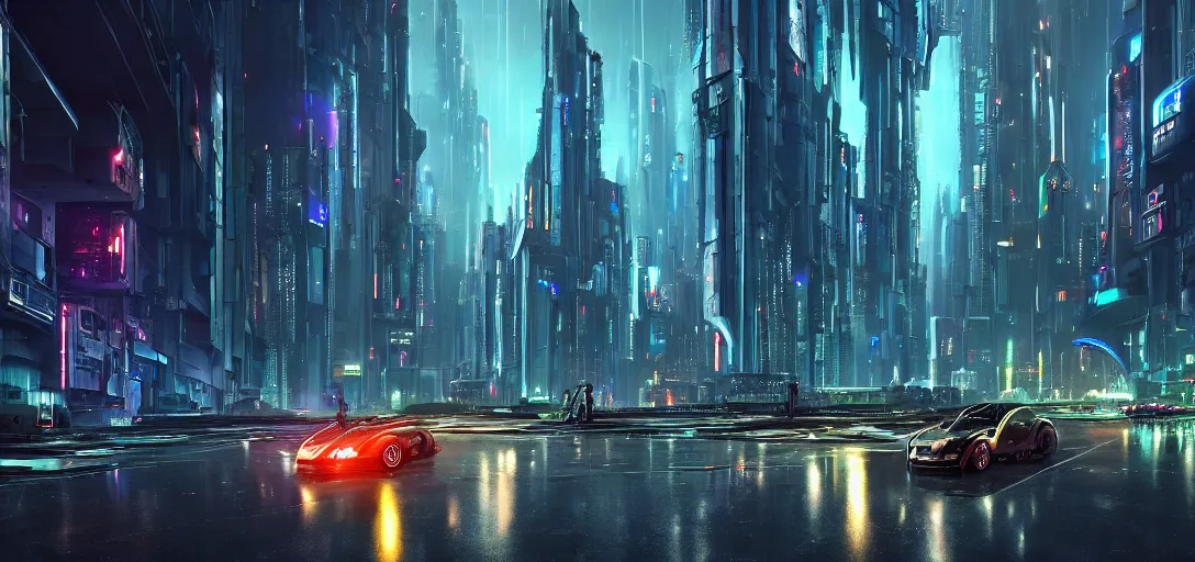 Image similar to view from the ground of a futuristic cyberpunk city at night in rain, with flying cars, symmetry, cinematic lighting, ultra detailed, sharp, ambient occlusion, raytracing, by greg rutowski, paul chadeisson and jessica rossier