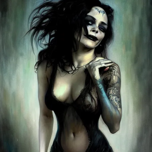 Prompt: beautiful portrait of vanessa hudgens as death from sandman, smiling, by cedric peyravernay, alphonse mucha, by jeremy mann, by lecouffe deharme, goth chic, soft lightning, eyeliner, punk rock, high detailed, 8 k