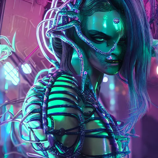 Image similar to Cyberpunk medusa, neon, intricate, ornate, photorealistic, ultra detailed, realistic, 35mm, photography, octane, high definition, depth of field, bokeh, 8k, artstation