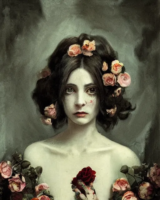 Image similar to a beautiful and eerie baroque painting of a beautiful but serious woman in layers of fear, with haunted eyes and dark hair piled on her head, 1 9 7 0 s, seventies, floral wallpaper, wilted flowers, a little blood, morning light showing injuries, delicate embellishments, painterly, offset printing technique, by robert henri, walter popp, alan lee