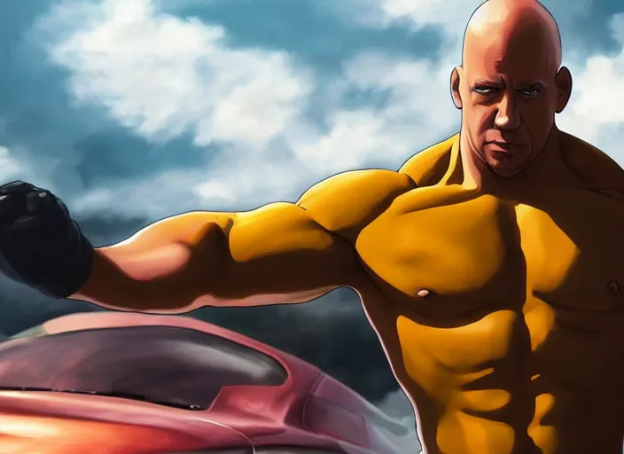 Image similar to landscape, long shot of vin diesel as saitama!!! throwing a car, hyperrealism, trending on artstation