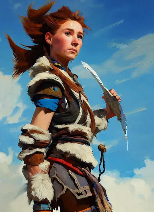 Prompt: portrait of a caucasian Aloy from Horizon Zero Dawn in the style of Apex Legends practicing, countryside, calm, fantasy character portrait, dynamic pose, above view, sunny day, clouds in the sky, artwork by Jeremy Lipkin and Giuseppe Dangelico Pino and Michael Garmash and Rob Rey and Greg Manchess, very coherent asymmetrical artwork, sharp edges, perfect face, simple form, 100mm