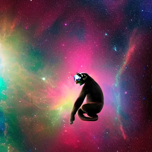 Prompt: A chimpanzee floating through outer-space, reaching out and touching a nebula with its finger, digital art, 8k