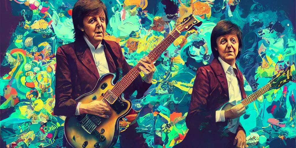 Image similar to paul mccartney 1 9 7 6, colorful, series of dreams, contrast, kim jung gi, greg rutkowski, zabrocki, karlkka, jayison devadas, trending on artstation, 8 k, ultra wide angle, zenith view, pincushion lens effect