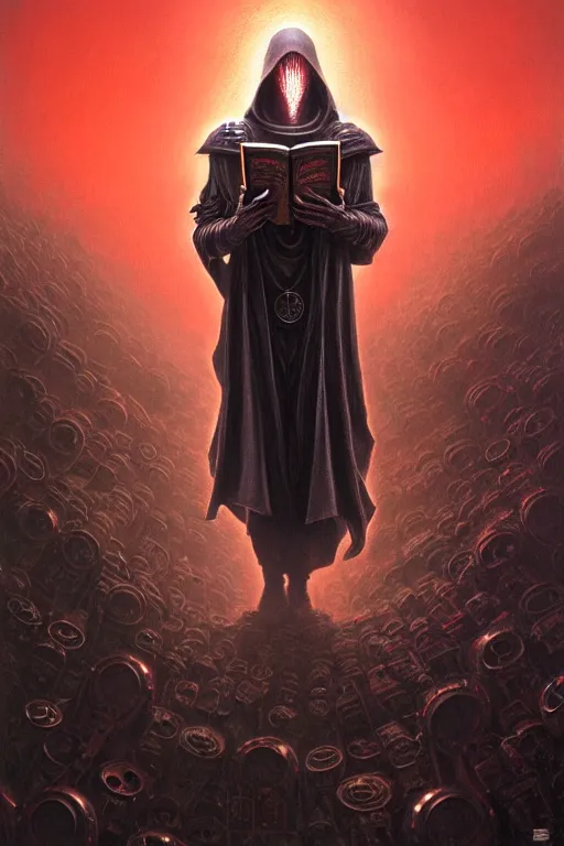 Prompt: painting of a cloaked tech priest holding a book, adeptus mechanicus!!!, cybernetic enhancements attached to his body, praise the omnissaiah, zdzislaw beksinski, lewis jones, mattias adolfsson, warhammer 4 0 k!!, cold hue's, warm tone gradient background, concept art, digital painting