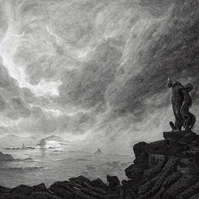 Prompt: an engraving portrait of cthulhu, caspar david friedrich, foggy, depth, strong shadows, stormclouds, illuminated focal point, highly detailed