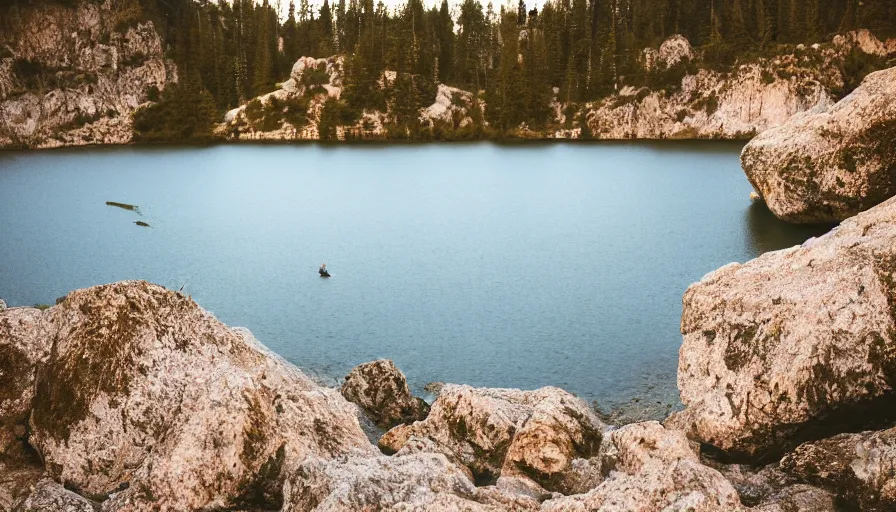 Image similar to cinematic wide shot of a lake with a rocky foreground, sunset, a bundle of rope is in the center of the lake, leica, 2 4 mm lens, 3 5 mm kodak film, f / 2 2, anamorphic