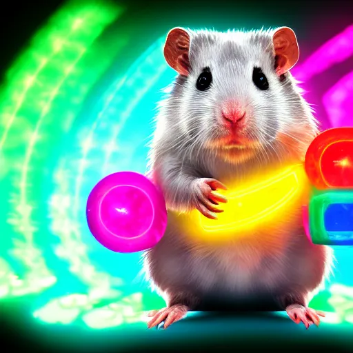 Image similar to cyberpunk hamster! holding rainbow! gem! crystal, neon lights, light reflection, logo, 8 k, hd