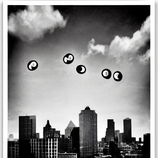 Image similar to a print of three realistic eyes floating in the sky over a city, high contrast, low key, black and white, vintage poster, film grain