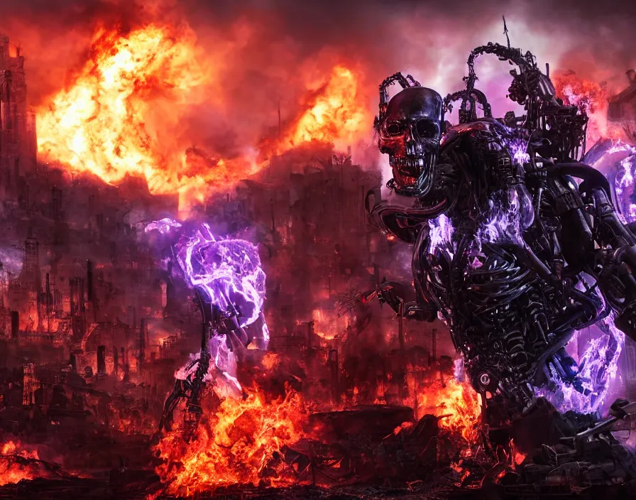 Image similar to terminator with purple flaming skull, destroyed town on background, fantasy artwork, very beautiful scenery, hd, hdr, ue 5, ue 6, unreal engine 5, cinematic 4 k wallpaper, 8 k, ultra detailed, by popular digital, details, beautiful image ever created, high resolution, artstation, award winning