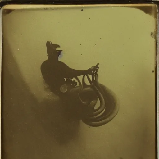 Prompt: underwater tintype photo of scuba driver riding a octopus