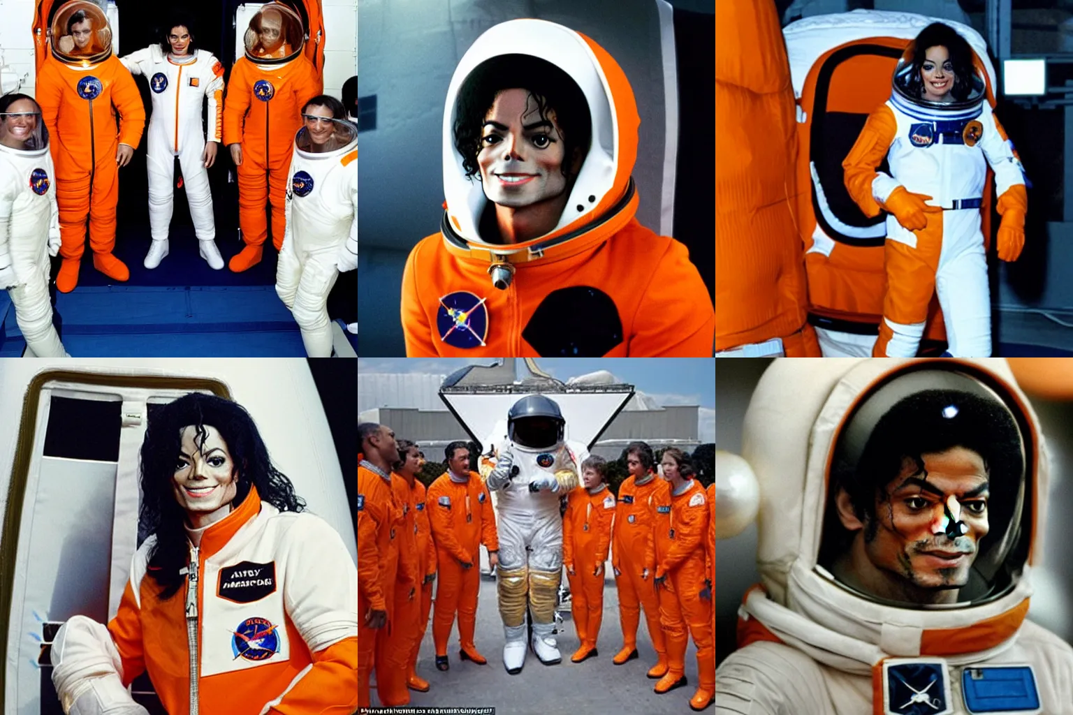 Prompt: Michael Jackson in an orange astronaut suit about to get in a space shuttle