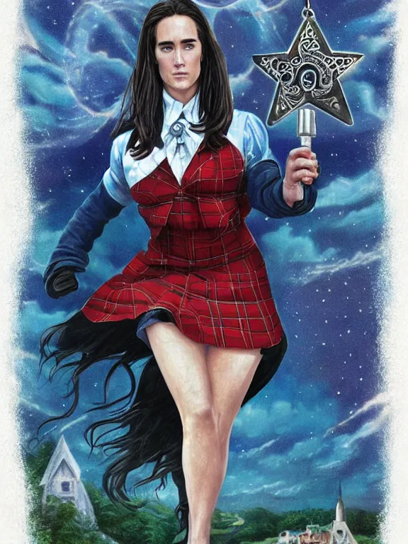 Prompt: full body ultra realistic air spray Jennifer Connelly is a teenage witch in Howards in a girls school uniform with a short tartan skirt, magic overlays glow around her , magic david's star pendant on her cleavage, mysterious tattoo in her shoulder, mystique, D&D, fantasy illustration, highly detailed, digital art, intricate, high detailed, painted by artgerm, guweiz, artstation, digital painting, character design, trending on artstation, smooth, sharp focus