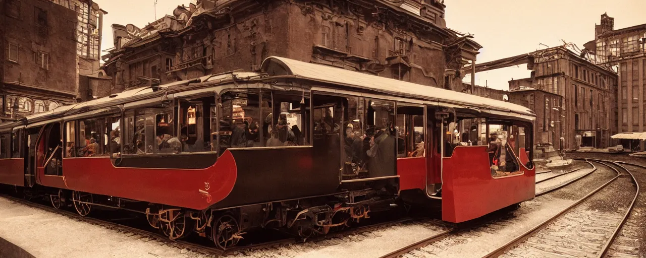 Prompt: early train built with spaghetti engines, canon 5 0 mm, cinematic lighting, photography, retro, kodachrome film