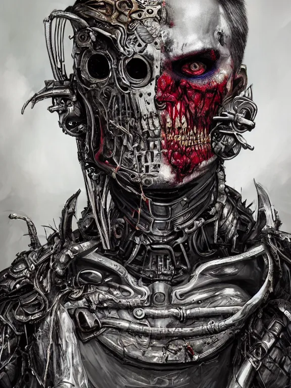 Prompt: portrait art of 8k ultra realistic undead two face, detailed intricate ornate armour,decaying, cybernetic, full of colour, cinematic lighting, battered, trending on artstation, 4k, hyperrealistic, focused, extreme details,unreal engine 5, cinematic, masterpiece, art by ayami kojima, giger