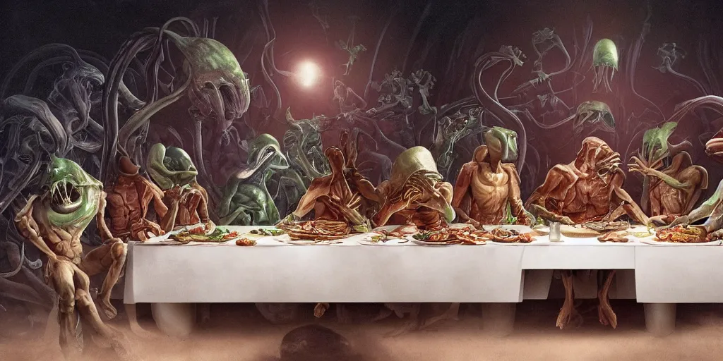 Image similar to !13 hungry aliens enjoying a rich salad around a marble table, !positioned as last supper cinematic lighting, dramatic framing, idilic, fantasy, highly detalied, 4k, artstation, by Wayne Barlowe