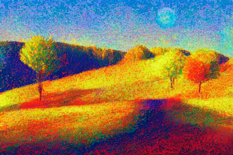 Image similar to hills with fruit trees, golden hour, by jill charuk and tsviatko kinchev, saturated, oil painting, glitch colors, 4 k