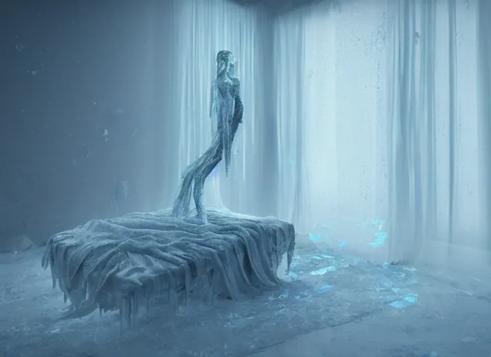 Image similar to rgb, a frozen woman, bedroom full of ice, sadness, cinematic, movie scene, inspired by zdzislaw beksinski, clothes made out of veins,, cables everywhere, bedroom, ultra realistic, concept art, intricate details, highly detailed, photorealistic, octane render, 8 k