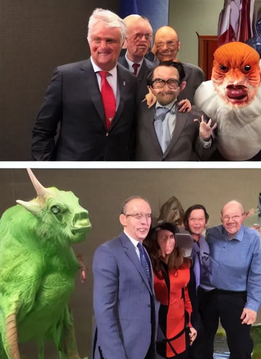 Prompt: a politician photo op with creatures from another dimension