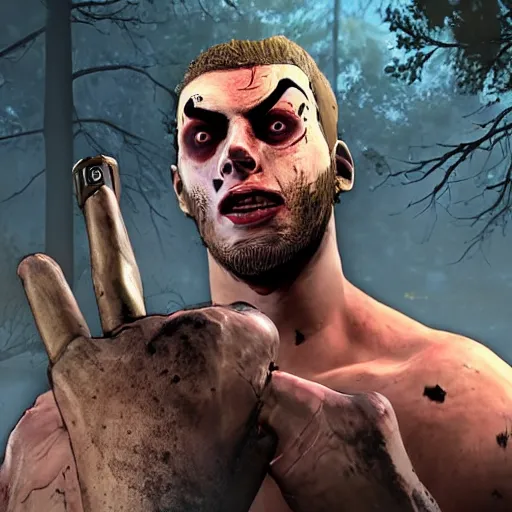 Image similar to Screenshot of Gigachad as a friendly survivor in Dead By Daylight