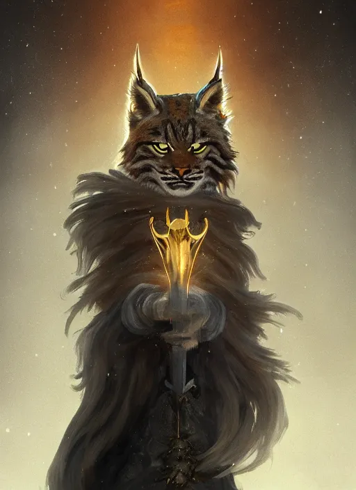 Image similar to lynx holding a golden intricately decorated shiny scepter, night, spruce trees on the sides, mountains in the background, eerie dark atmosphere, moonlit, back light, fantasy art by charlie bowater and yoshitaka amano, trending on artstation