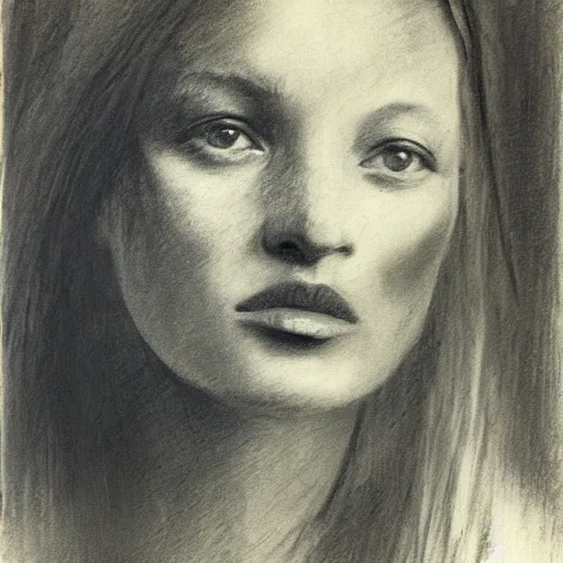 Prompt: charcoal portrait of kate moss by degas,