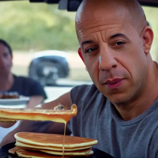 Prompt: movie still of vin diesel eating waffles and pancakes breakfast in a car