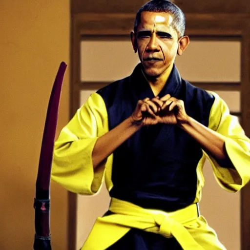 Image similar to obama as an ninja, film still from kill bill 2 0 0 4.